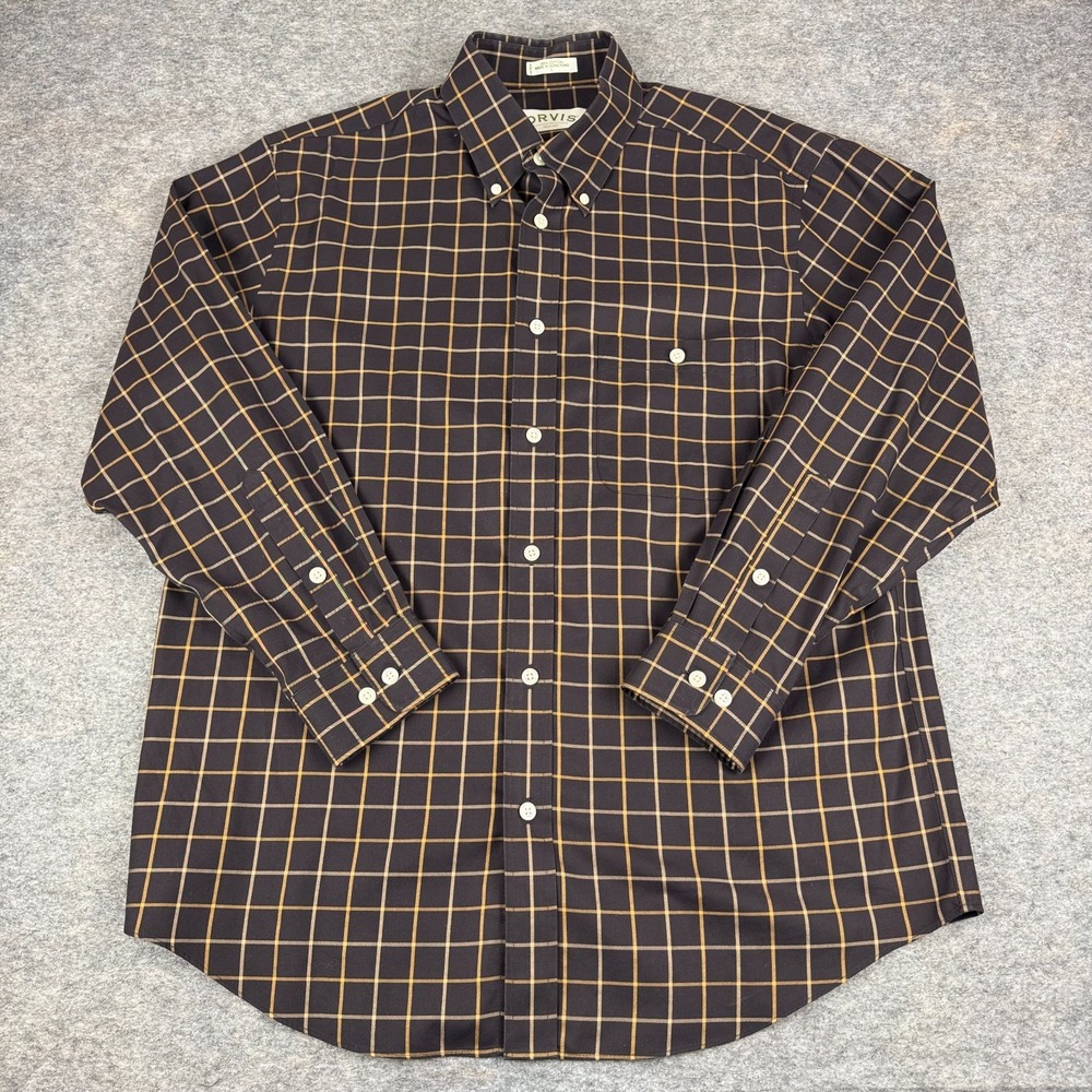 Orvis Button Down Shirt Long Sleeve Plaid Cotton Pocket Brown Mens Large L